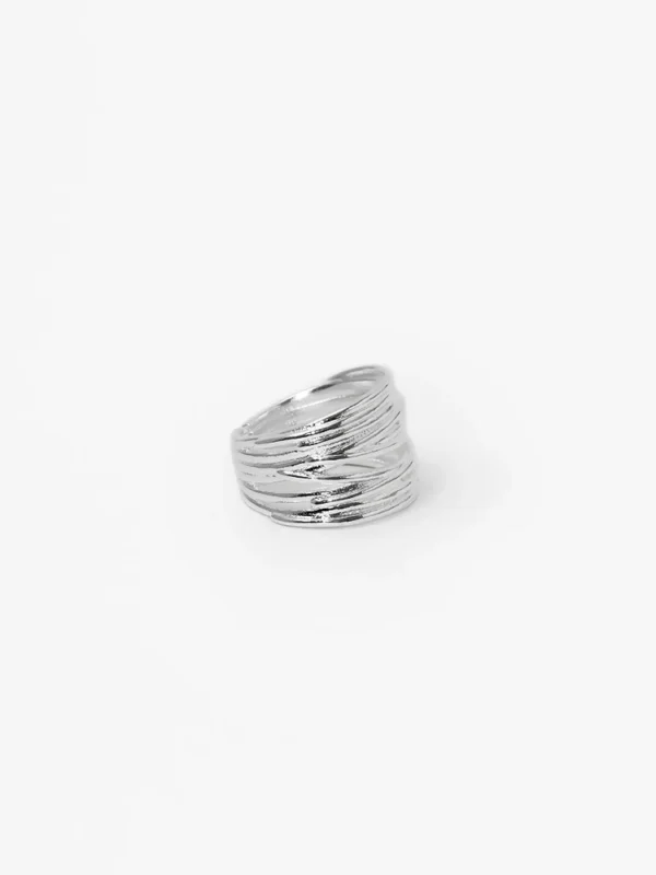 Wide geometric sterling silver ring with layered linear texture for women