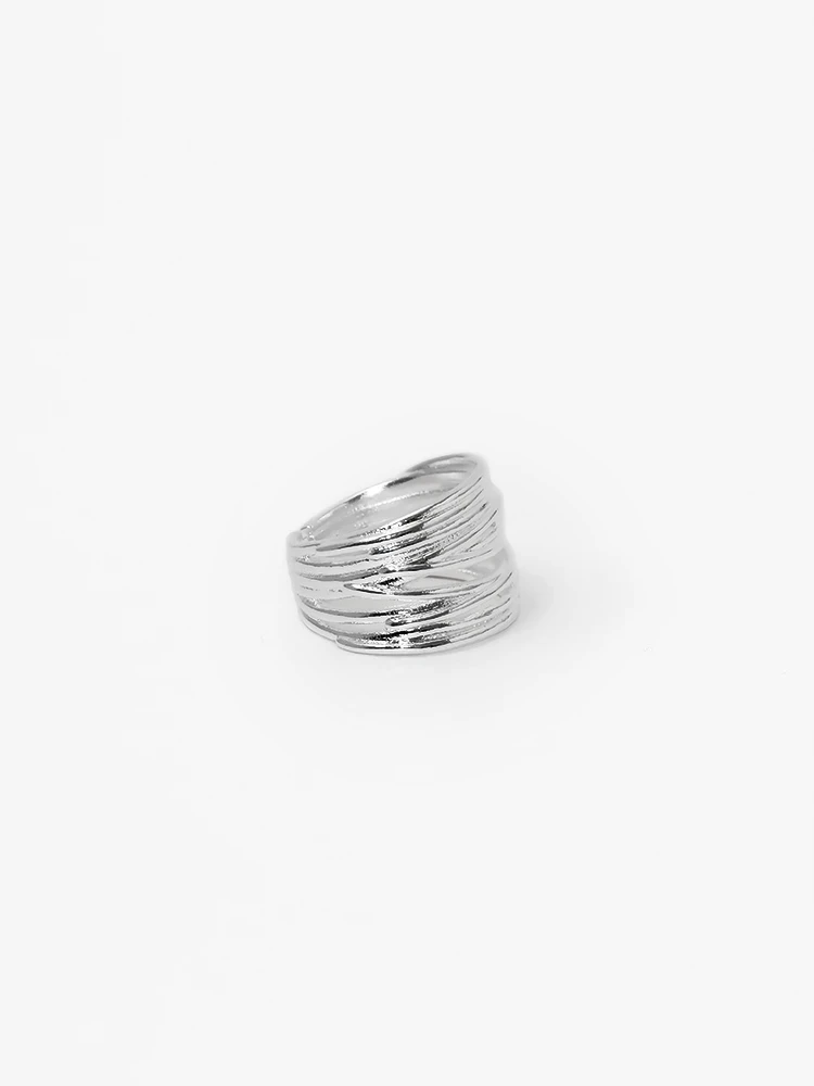 Wide geometric sterling silver ring with layered linear texture for women