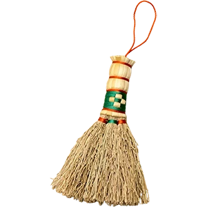 Tiny sorghum broom charm with green woven detail for bags and home decoration