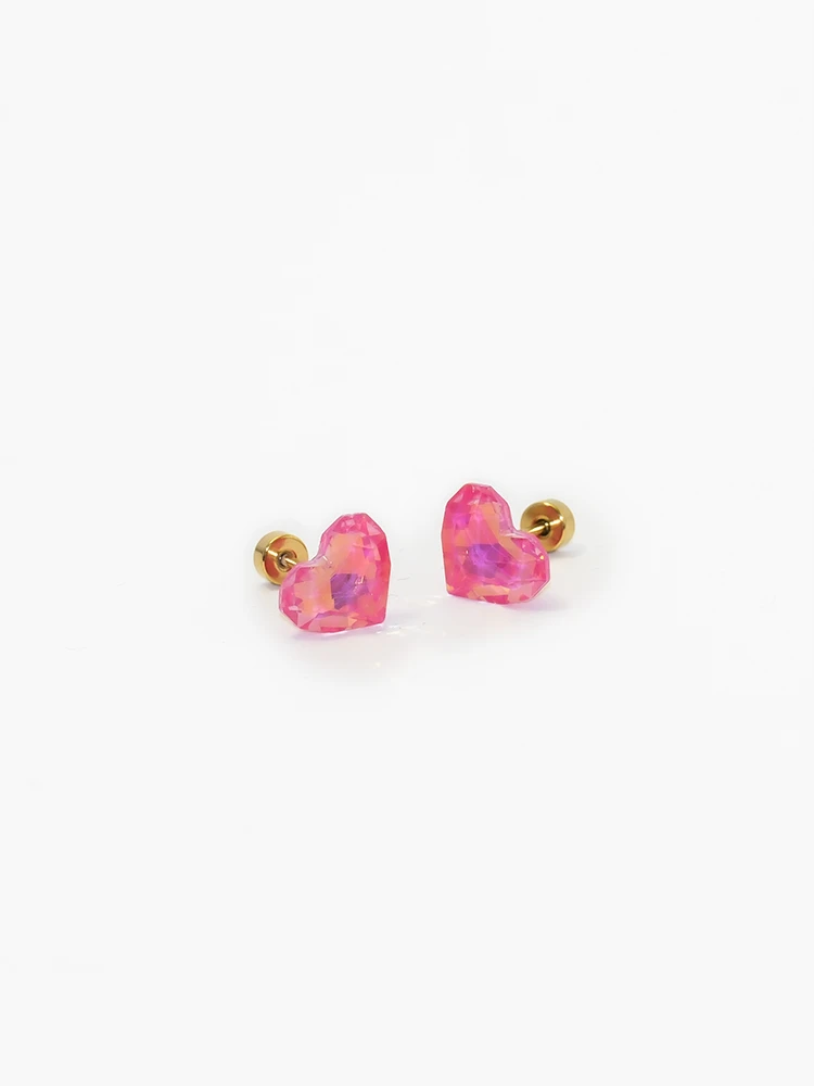 Hot pink heart-shaped crystal stud earrings with gold post