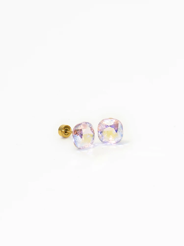 Pink square crystal stud earrings with gold post