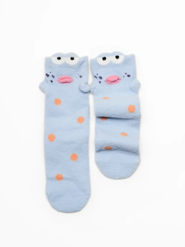 Sky blue fun fuzzy socks with 3D clownfish knit for girls and ladies