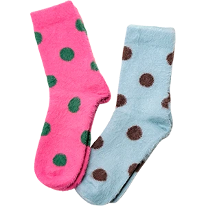Pink and sky blue polka dot fuzzy socks side by side