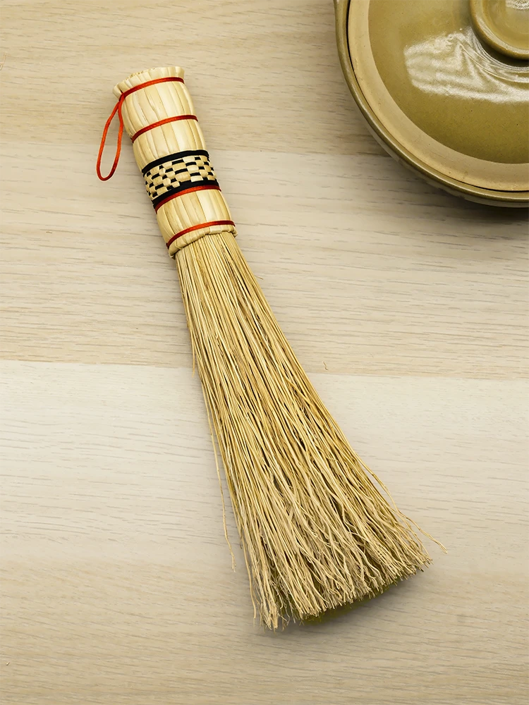 Traditional natural sorghum pot brush with woven handle for kitchen use