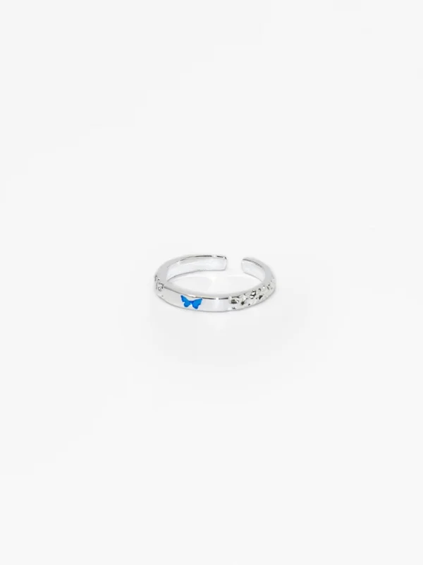 Thin sterling silver ring with blue butterfly engraving for women