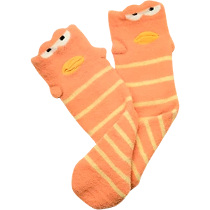Orange fun fuzzy socks with 3D clownfish knit for girls and ladies