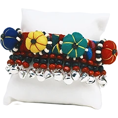 Crimson multi-color tie dye fabric bracelet with pumpkin charms and bells