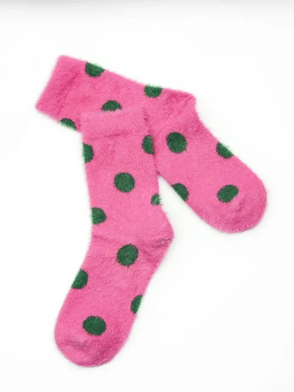 Pink fuzzy socks with green polka dots for girls and ladies