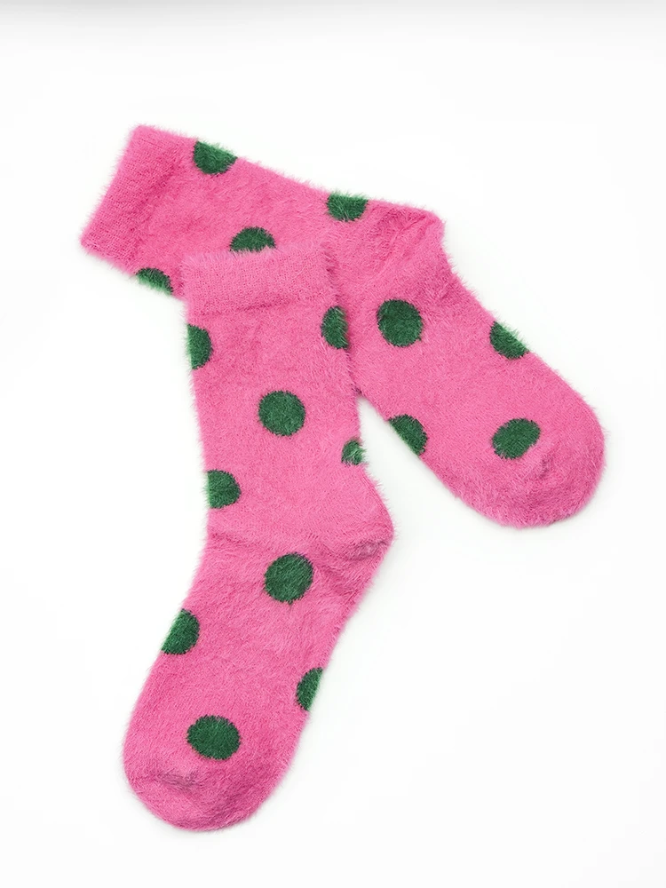 Pink fuzzy socks with green polka dots for girls and ladies
