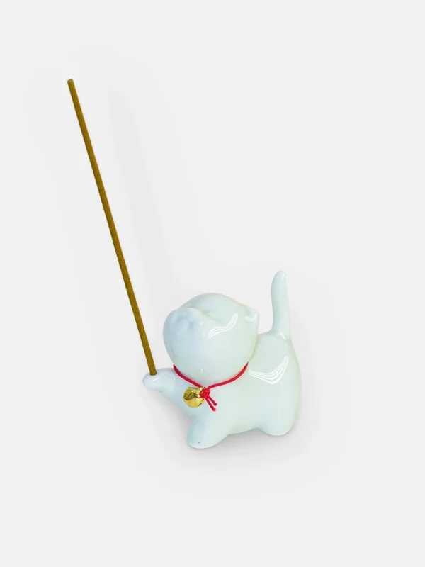 Jade ceramic cat incense holder sculpture with paw incense