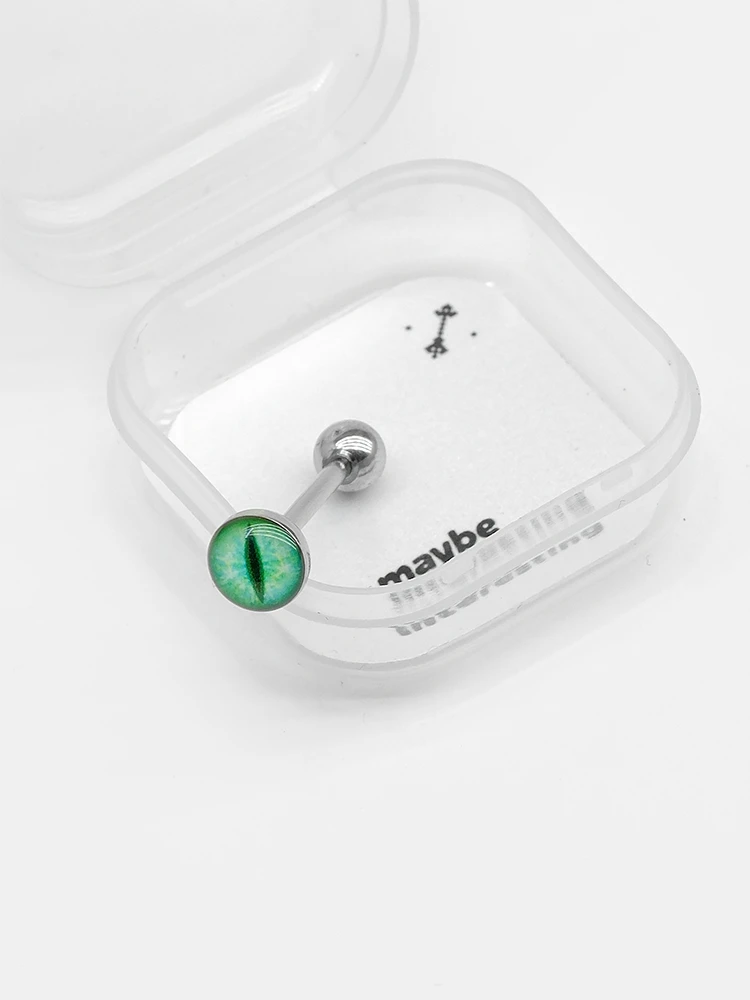 Green cat eye tongue barbell ring