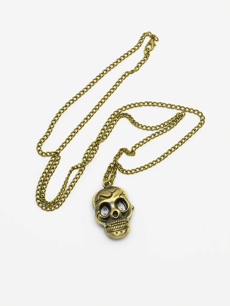 Bronze gothic skull watch necklace front view