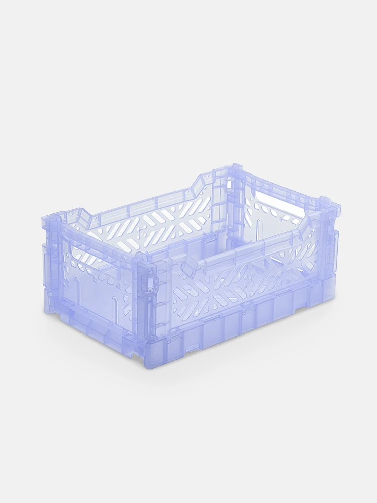 Purple translucent foldable crate organizer open